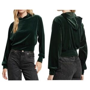 Express Emerald Green Cropped Velvet Banded Hoodie Oversized Luxe Y2K Loungewear